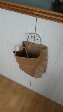 We were cleaning the house ao we put up a paper bag to throw trash in then suddenly Cookie Monster
