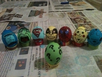 Went with a theme while decorating eggs with my nieces The call them The Egg-vengers Pikachu for scale