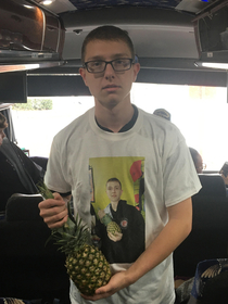 Were on a trip one of my friends decided to get a pineapple at Trader Joes then go to Big Frog and make a shirt of him holding the pineapple and then come back with a shirt of him holding a pineapple while holding a pineapple