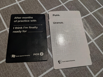 When we play Cards Against Humanity with a small group we add random cards This great combination was added randomly