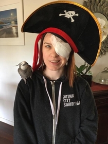 When you have  eye surgeries in one day and your best friend is a bird you have to take a pirate photo right