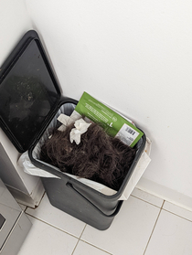 Wife cut her own hair today almost gave me a heart attack upon opening the trash can