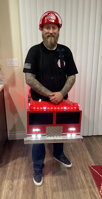 Wife said I was too fat to be a sexy fireman amp I should be a firetruck Jokes on her now she has to go trick-or-treating with me while the flashing lights on my costume give the neighborhood children seizures