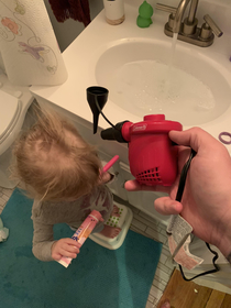 Wifes out of town and took the hair dryer so I had to improvise Officially feel like a real dad now