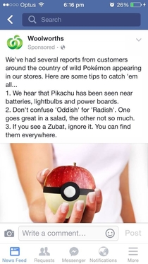 Woolworths popular grocery store in Australia post on their fb about Pokemon Go