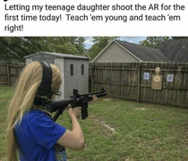 You should probably also tell her that the bullets will go straight through the fence and hit your neighbor